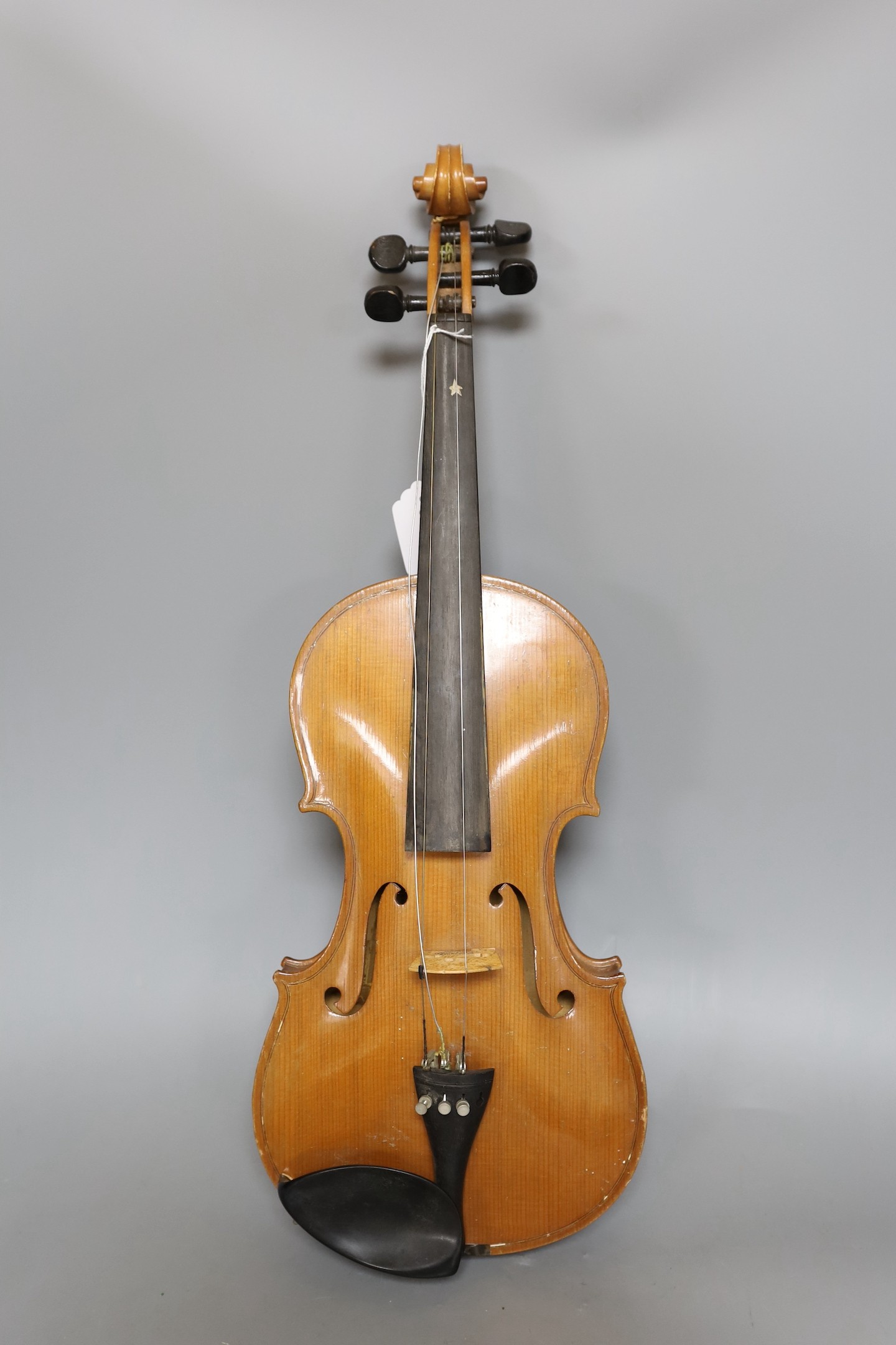 A cased 20th century Romanian violin, back measures 35.5cm excl button